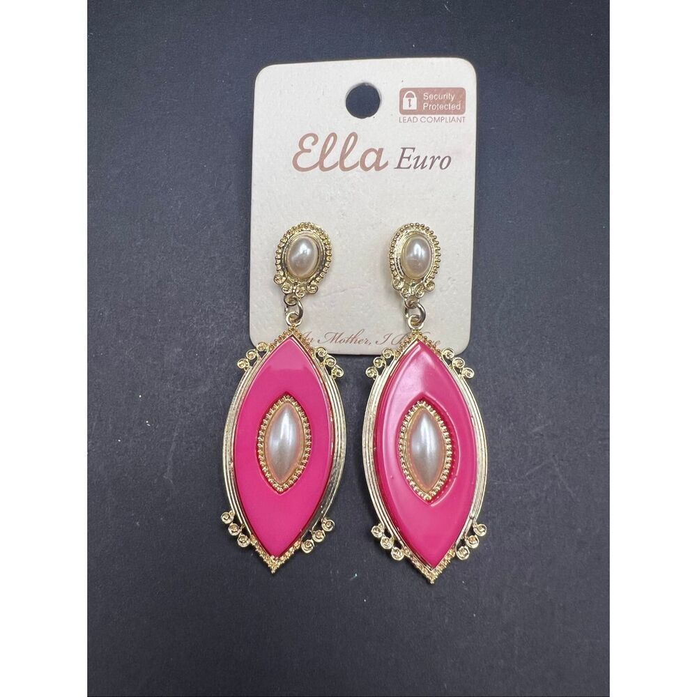 New! Ella Euro Pink Marquise Gold Tone Faux Pearl Earrings